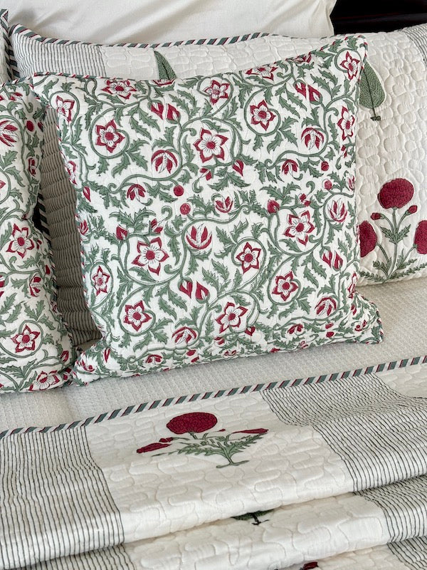 Poppy Medley Red Cotton Quilted Bedcover With Pillow Cases