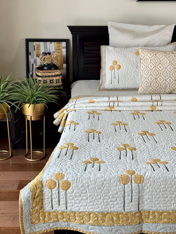 Gold Harvest Cotton Quilted Bedcover With Pillow Cases