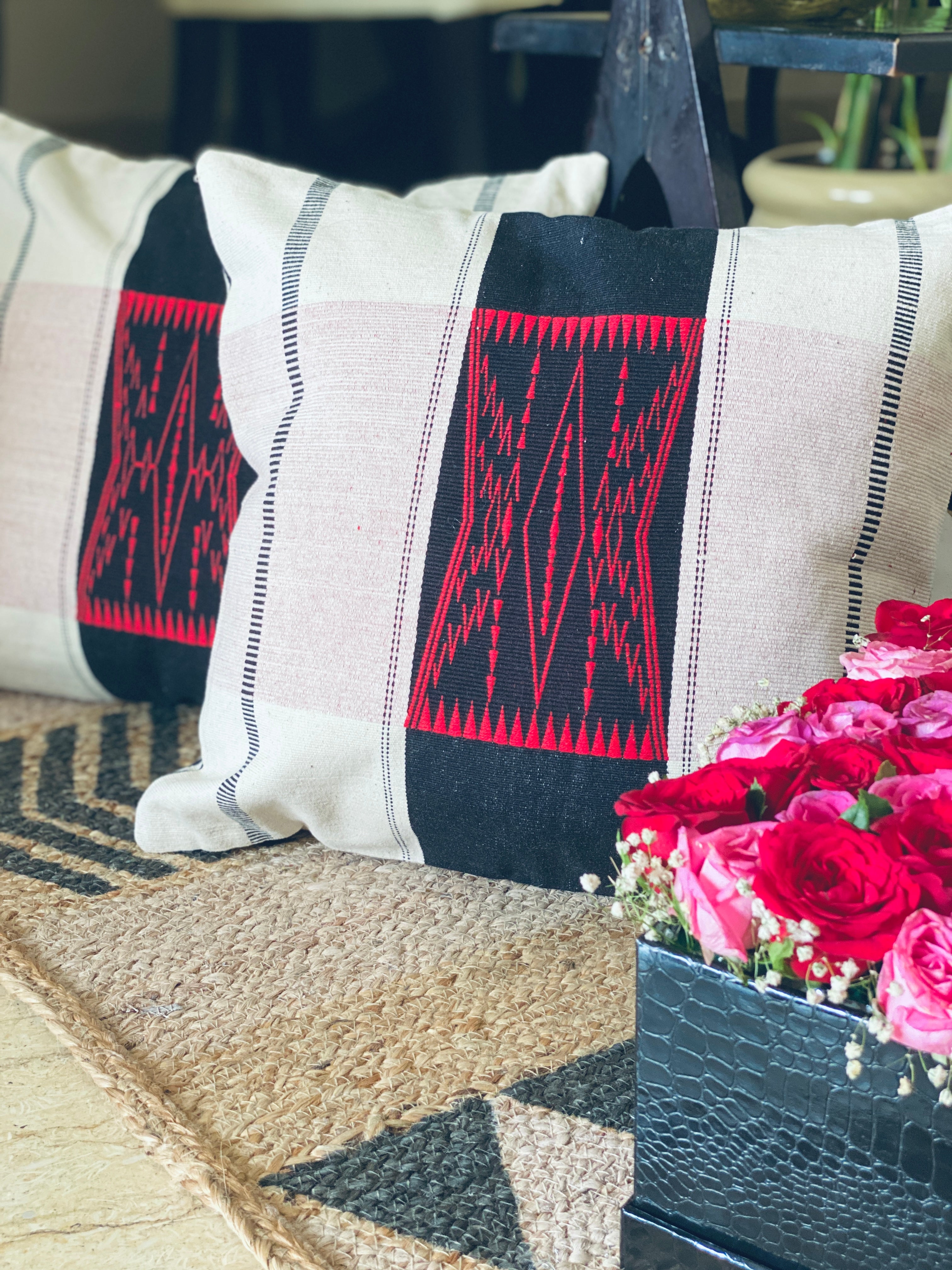 Ananta Red Naga Hand Woven Block Print Cushion Cover