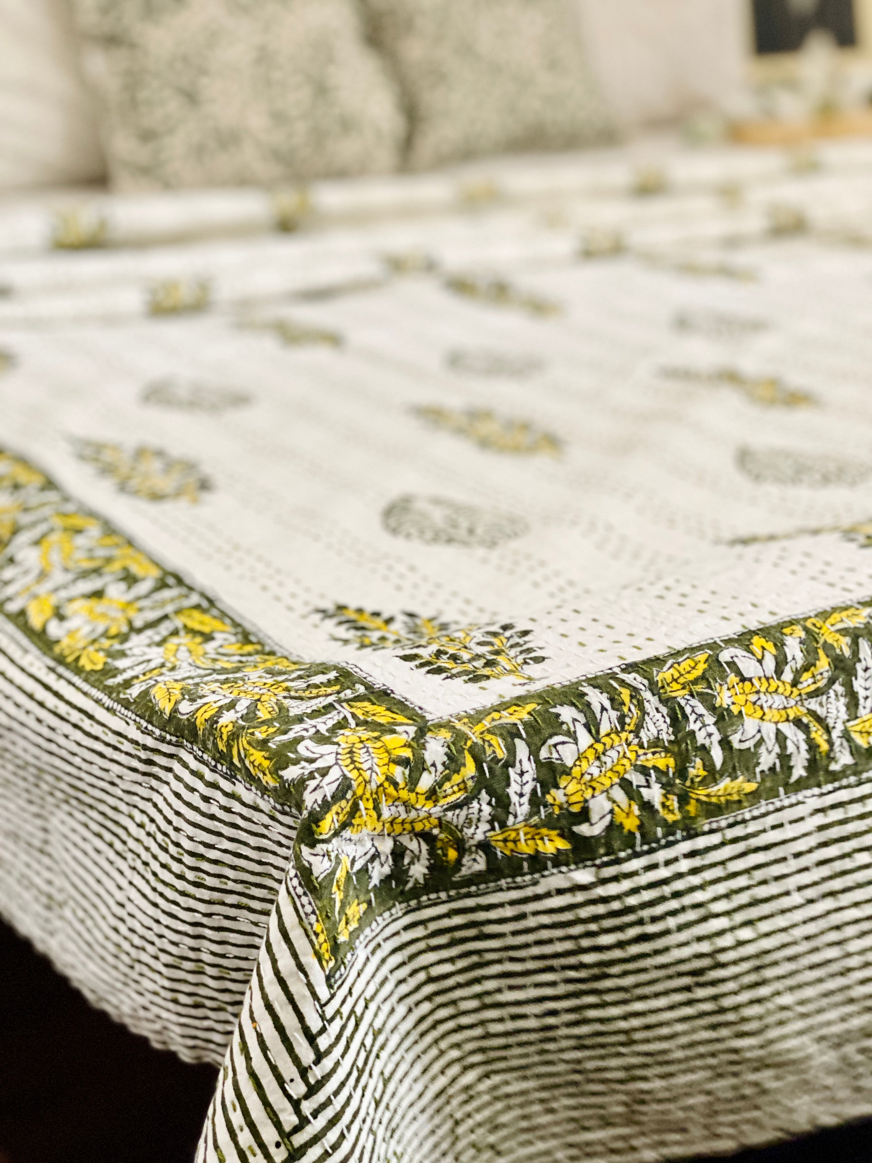 Budding Blooms Cotton Kantha Stitch Bedcover