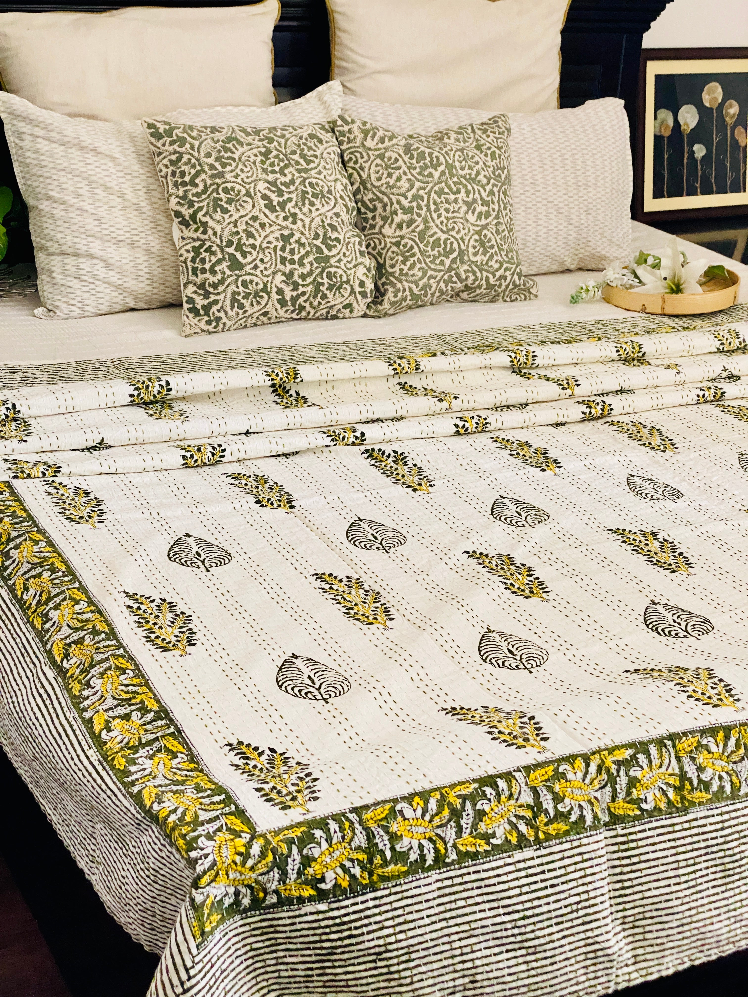 Budding Blooms Cotton Kantha Stitch Bedcover