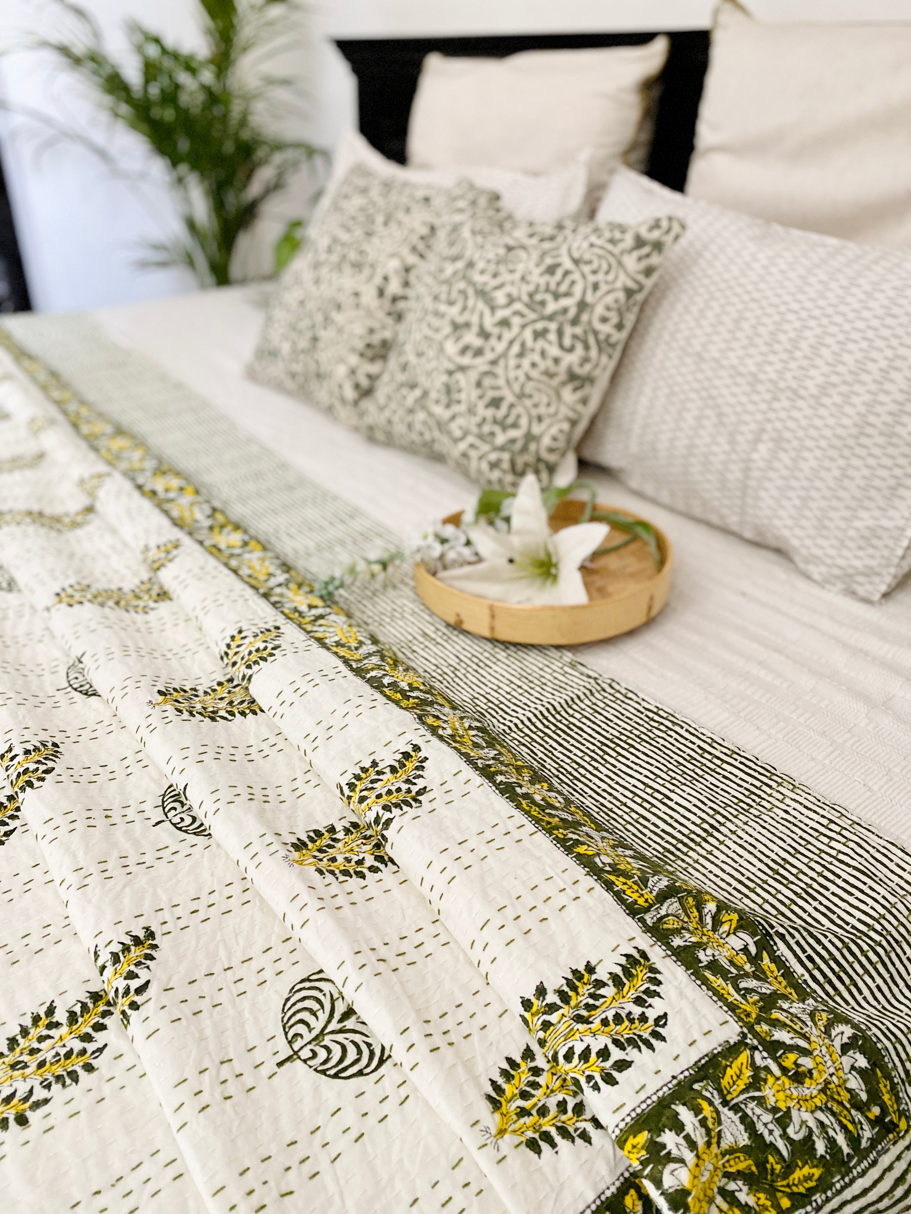 Budding Blooms Cotton Kantha Stitch Bedcover