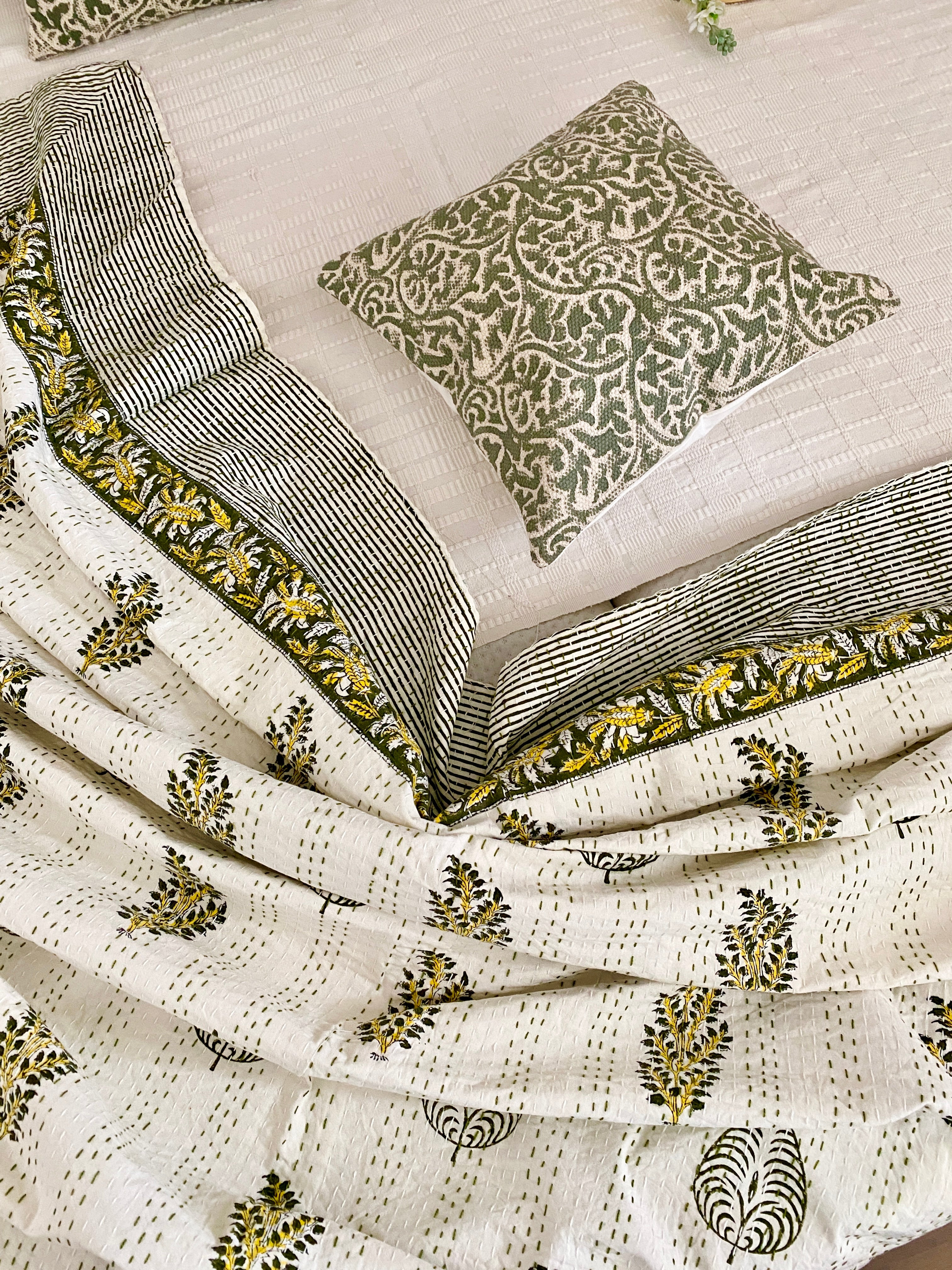 Budding Blooms Cotton Kantha Stitch Bedcover