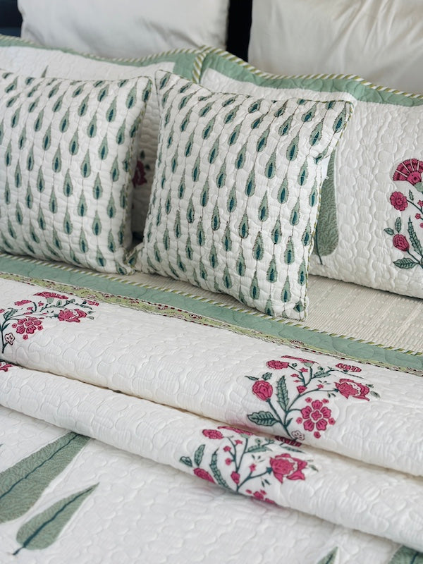 Minty Fresh Cotton Quilted Bedcover With Pillowcases