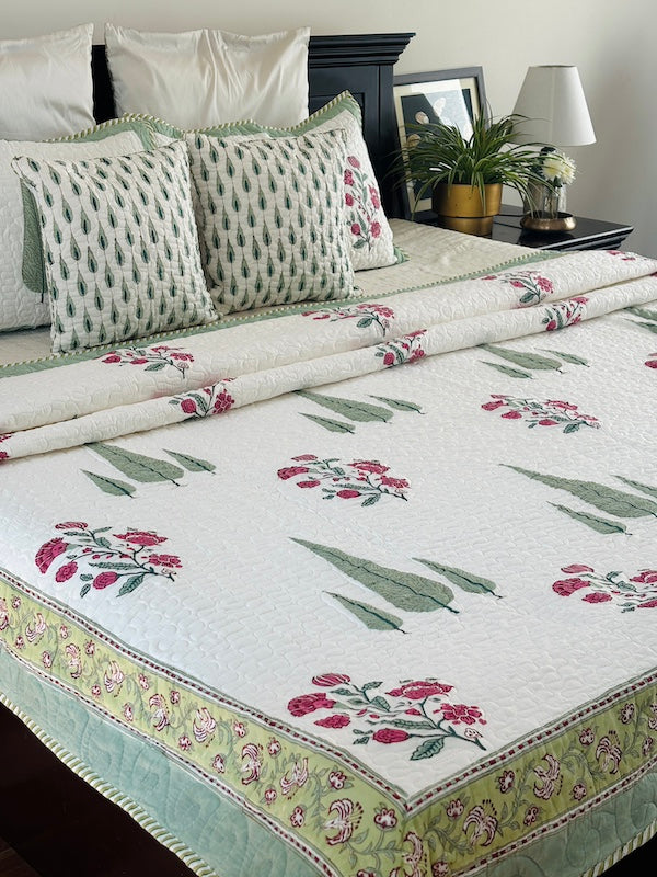 Minty Fresh Cotton Quilted Bedcover With Pillowcases