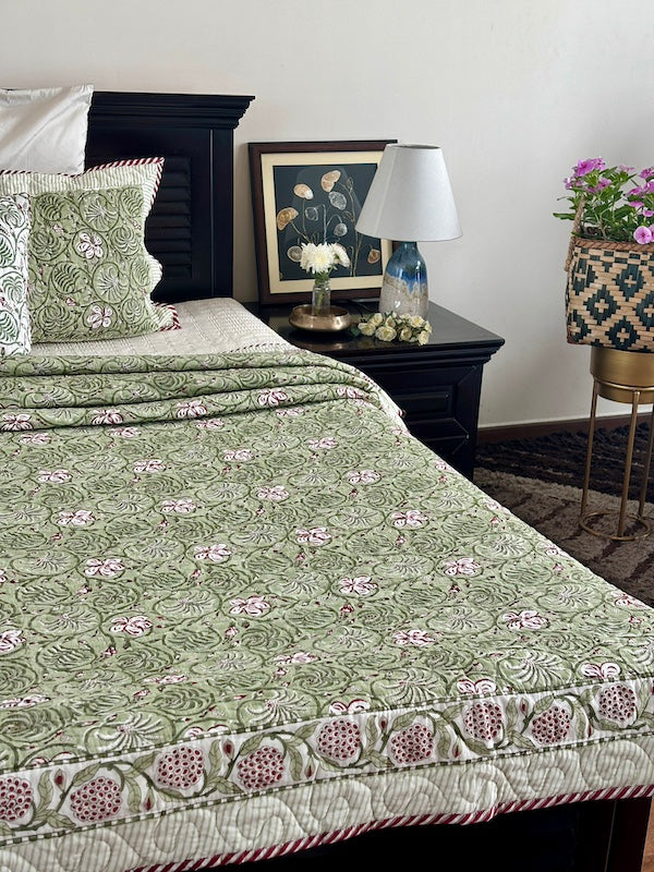 Flowers In Bloom Cotton Quilted Bedcover With Pillow Cases