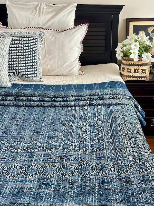 Indigo Versace Cotton Ajrakh Kantha Stitch Bedspread