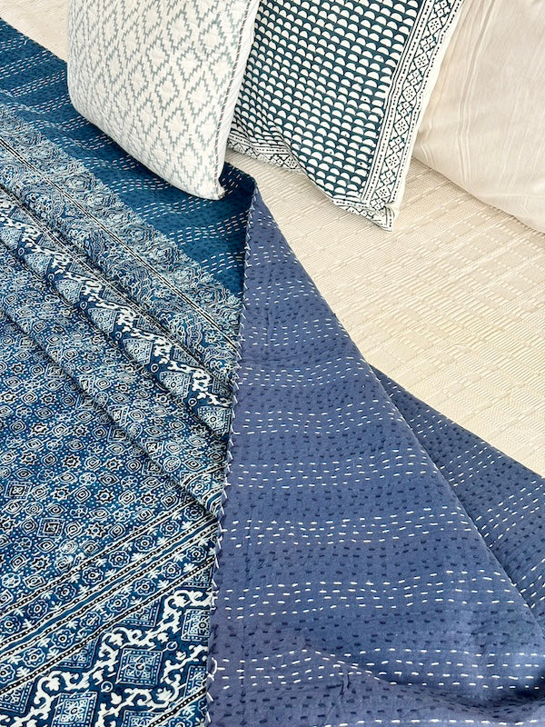 Indigo Versace Cotton Ajrakh Kantha Stitch Bedspread