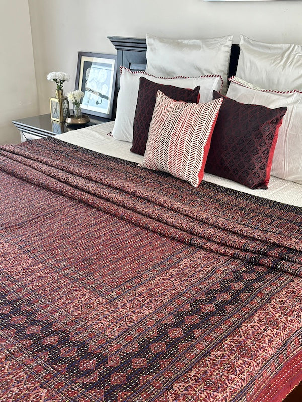 Black And Rust Hand Block Printed Ajrakh Bedcover