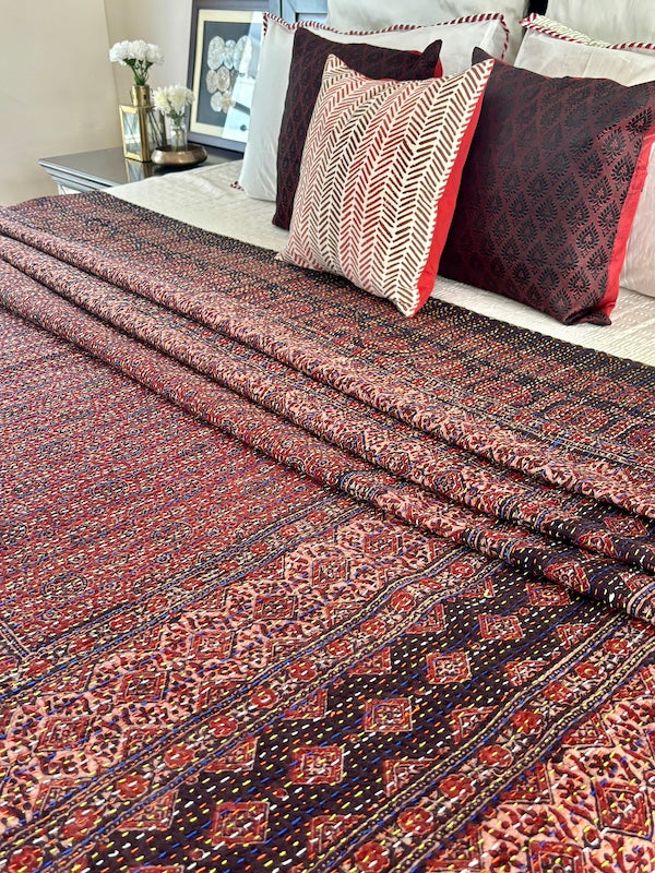 Black And Rust Hand Block Printed Ajrakh Bedcover