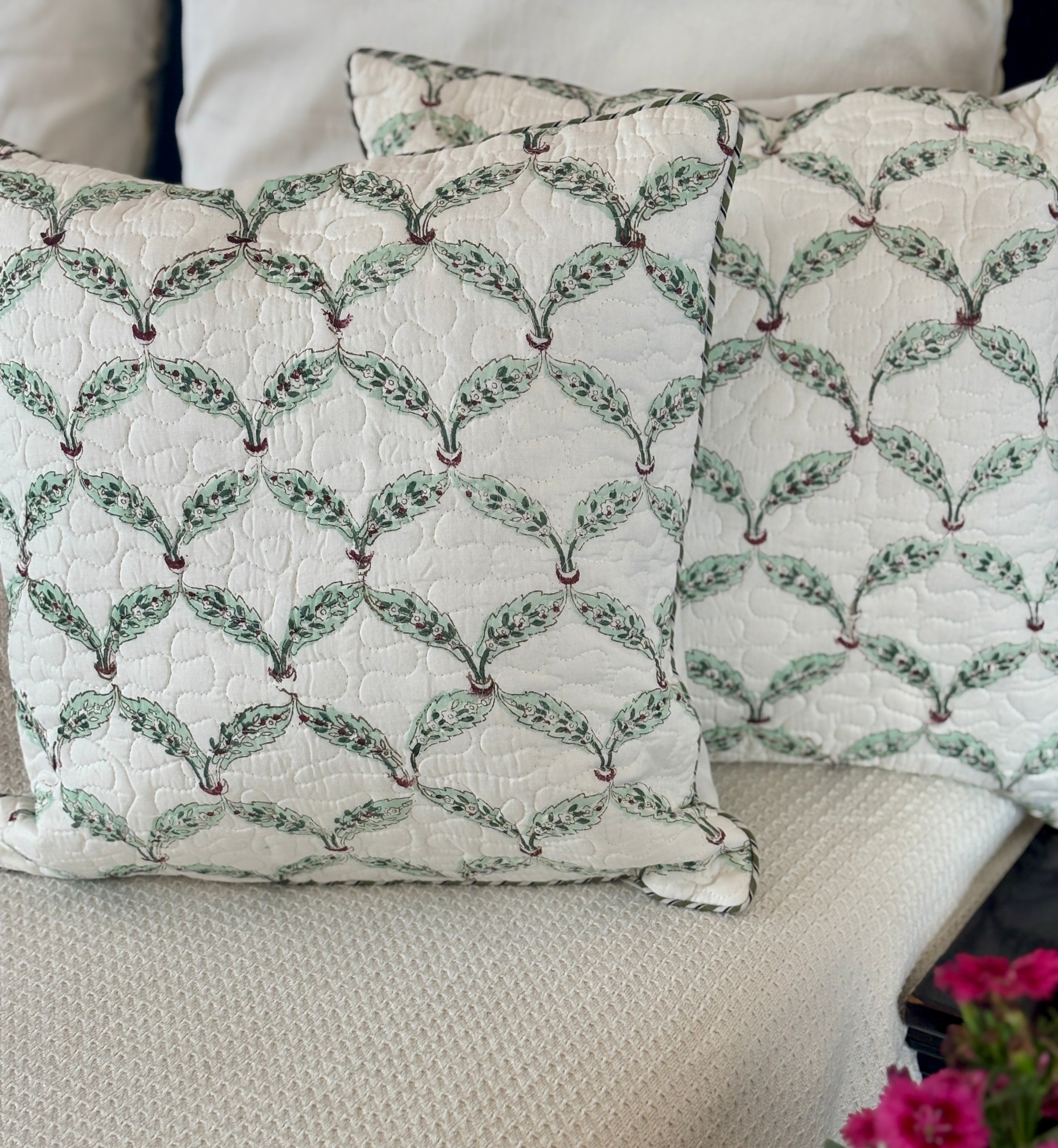 Leaf Green Cotton Quilted Set Of 2 Cushion Cover