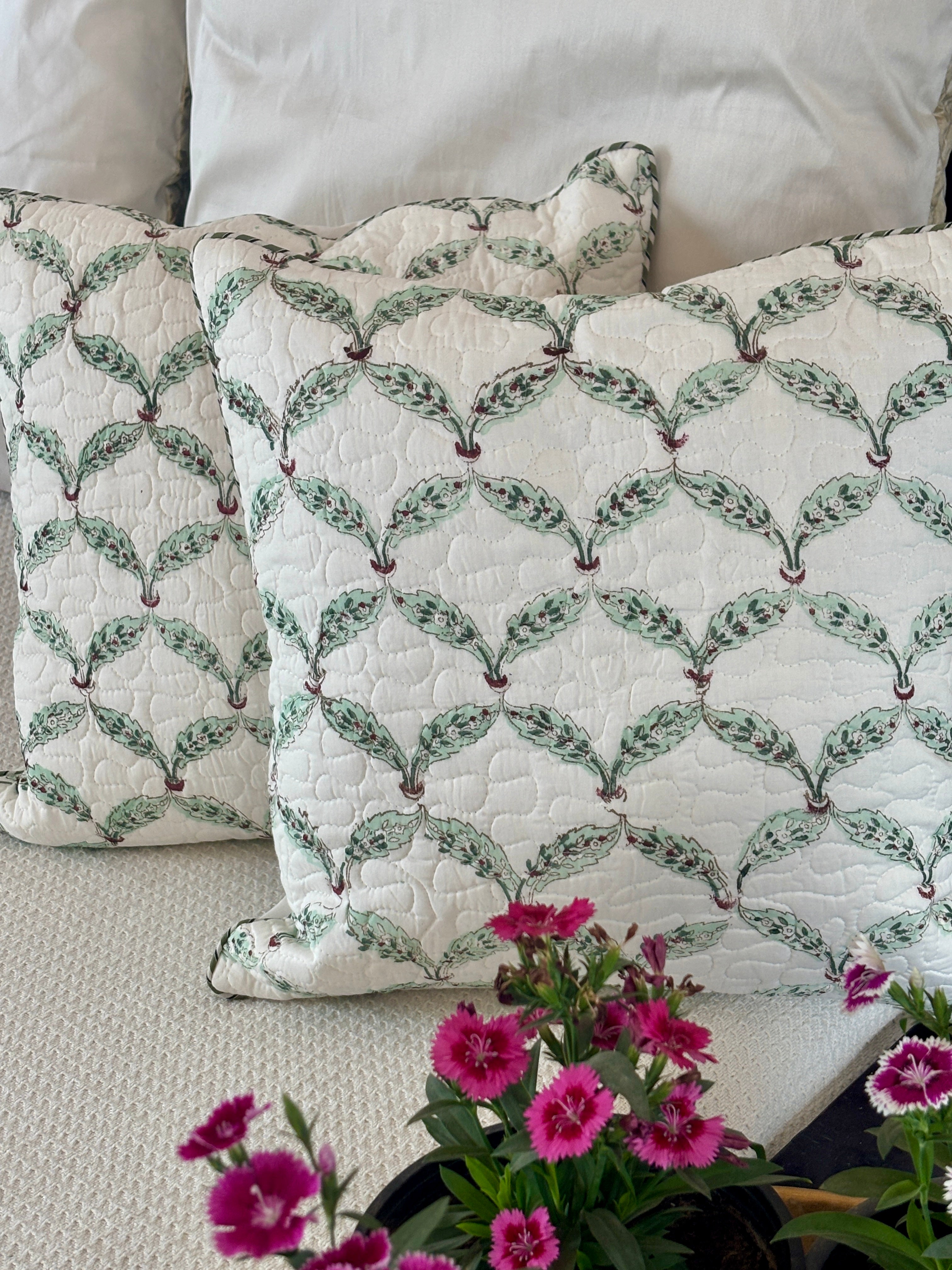 Leaf Green Cotton Quilted Set Of 2 Cushion Cover