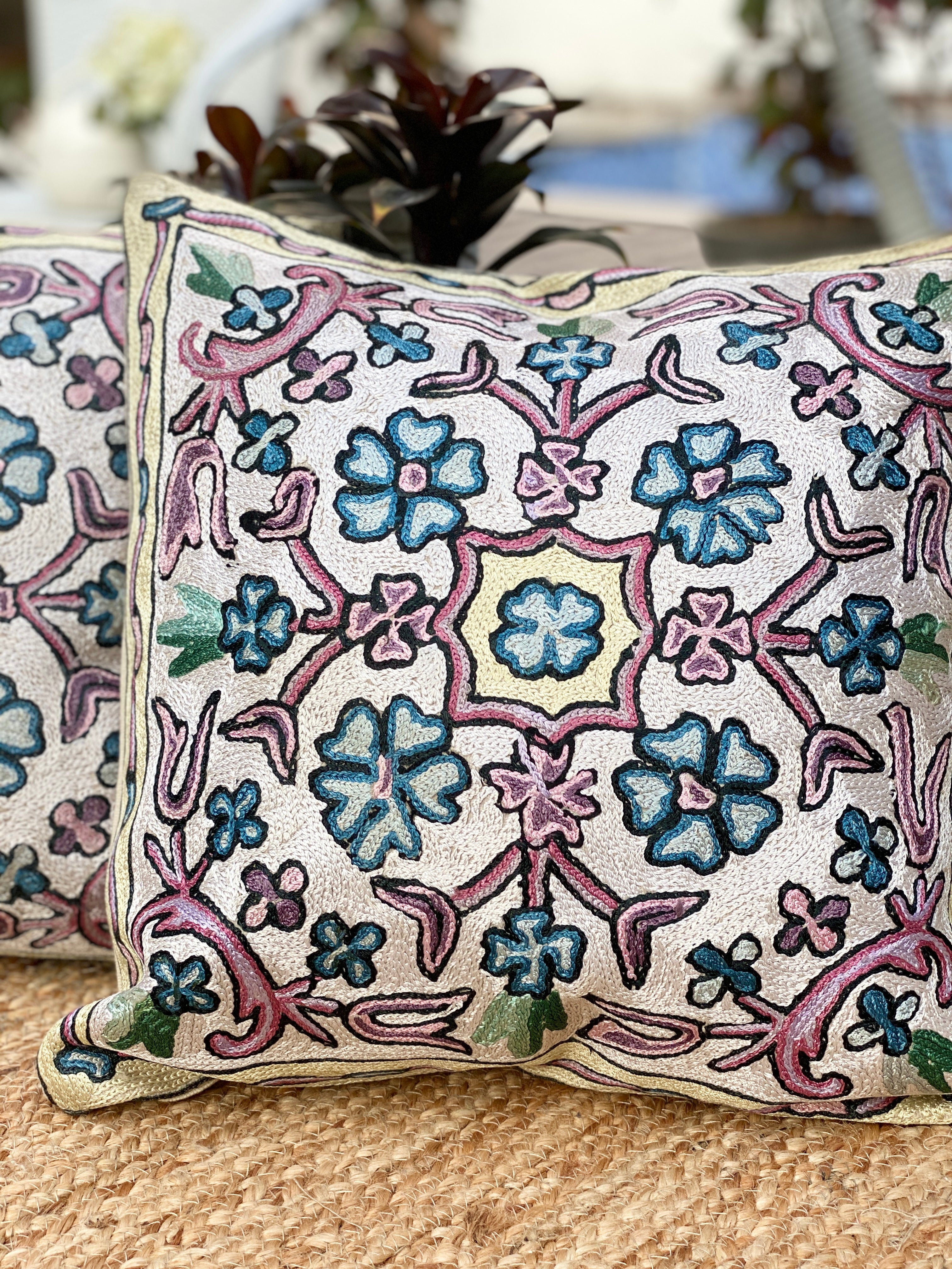 Floral Sine Crewel Embroidery Cushion Cover