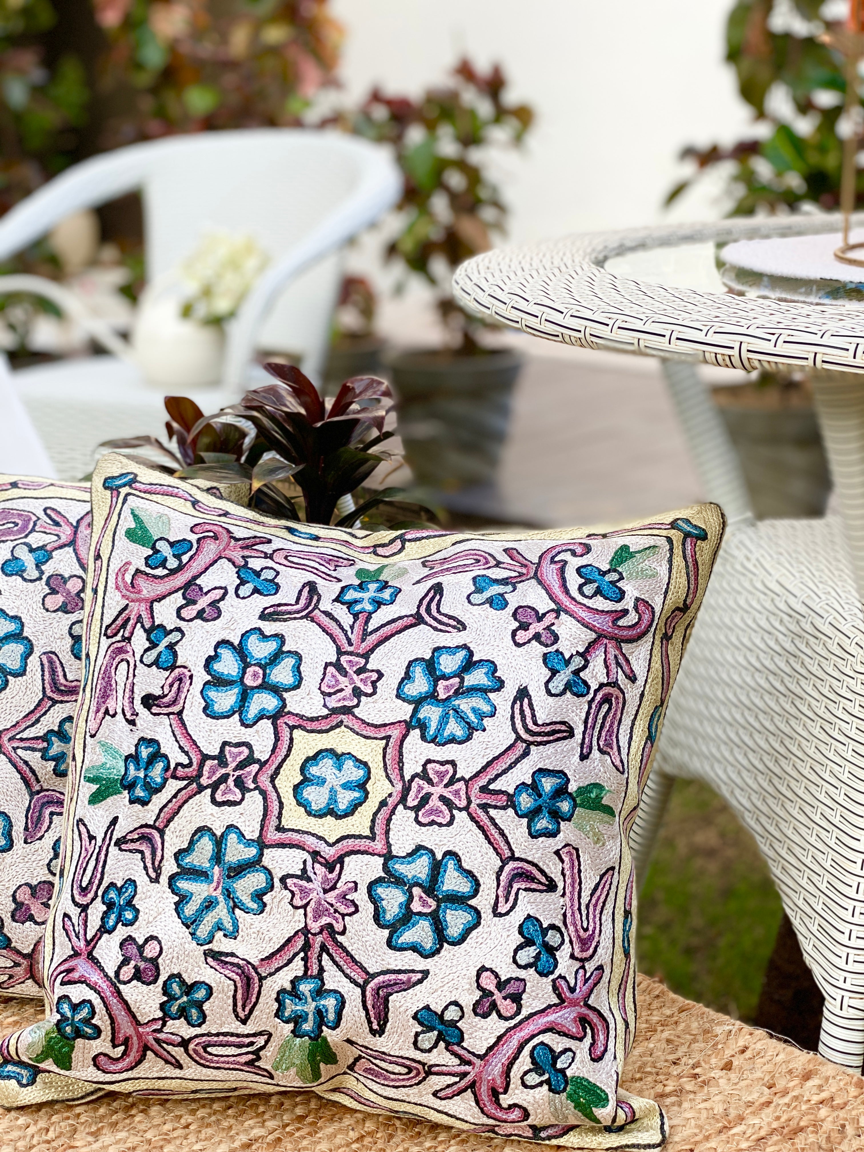 Floral Sine Crewel Embroidery Cushion Cover