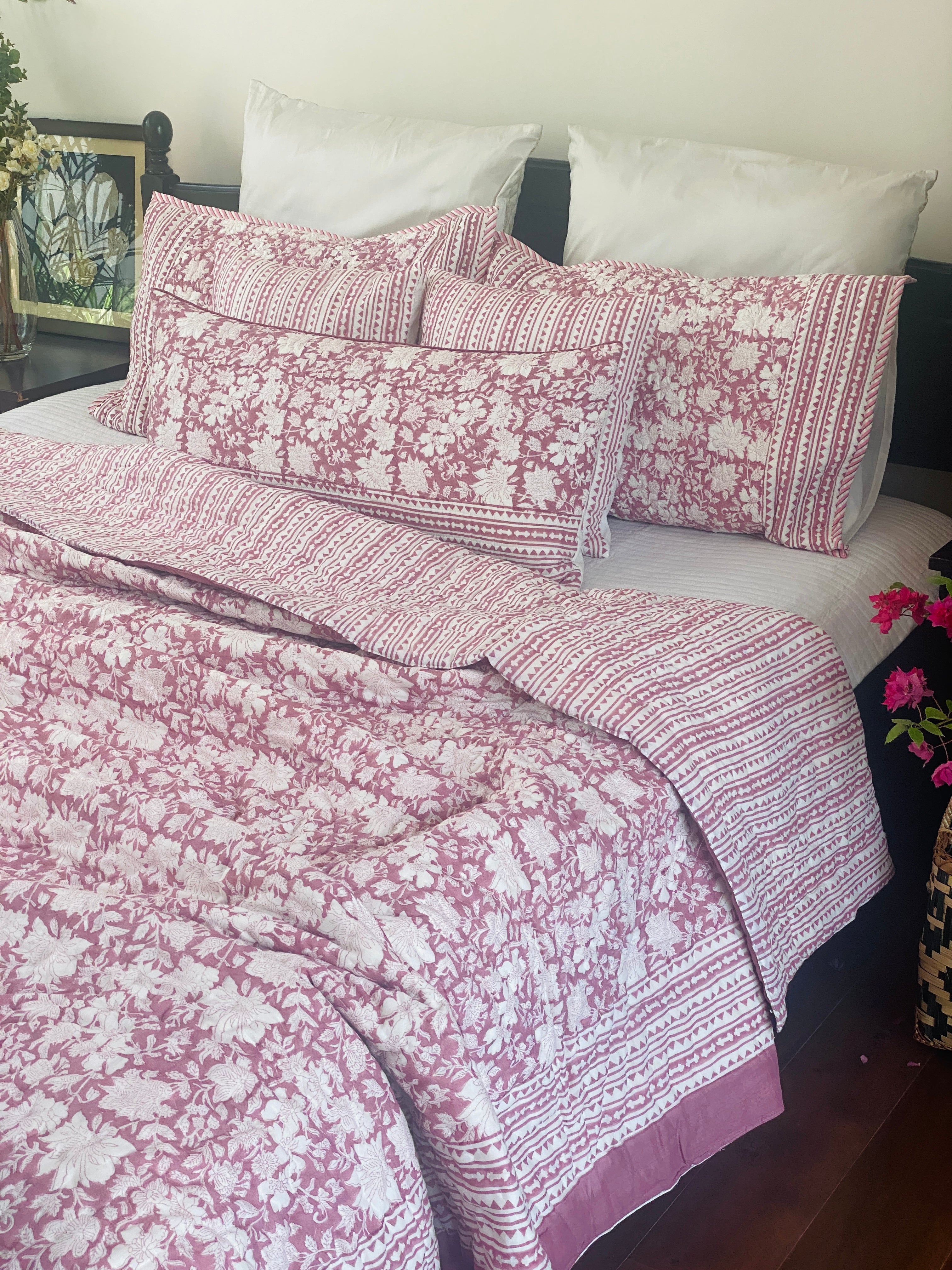 Pink Floral Cotton Filled Reversible Quilt