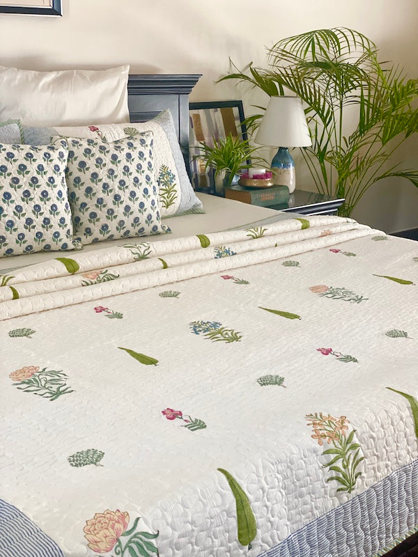 Calm Contrasts Cotton Quilted Bedspread With Pillowcases
