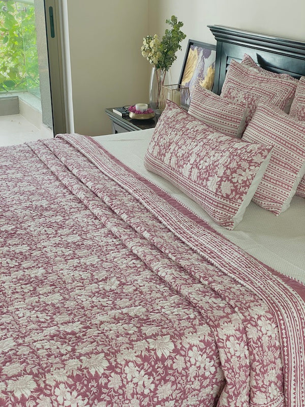 Pink Coral Cotton Quilted Bedcover With Pillow Cases
