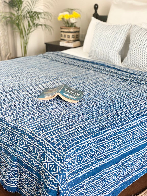 Ticking Stripes Kantha Stitch Bedspread