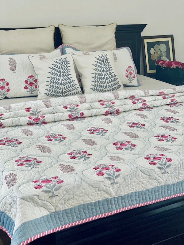 Floral Exploration Cotton Quilted Bedcover With Pillow Cases