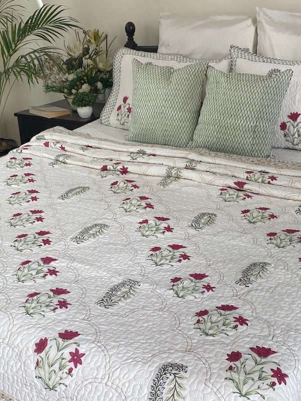 Ornaments Cotton Quilted Bedcover With Pillowcases