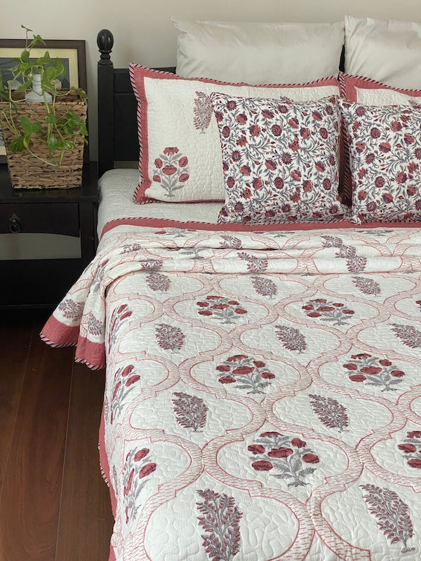 Coral Floral Cotton Quilted Bed Cover With Pillow Cases