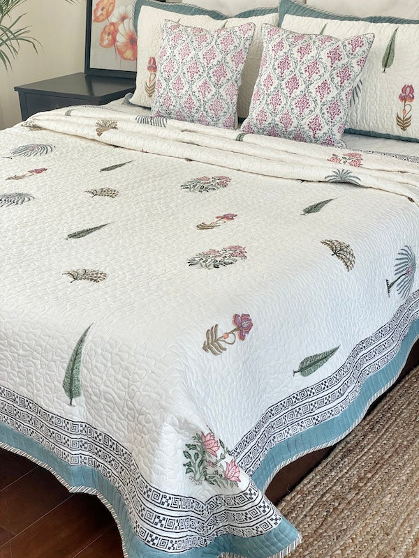 Melody Of Nature Cotton Quilted Bedcover With Pillowcases
