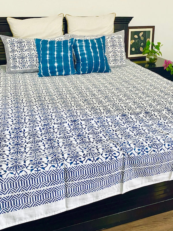 Pine Floral Blue Cotton Bedsheet With Pillowcases