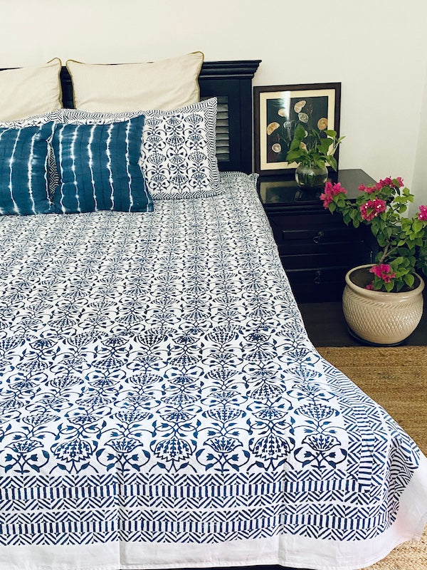 Pine Floral Blue Cotton Bedsheet With Pillowcases