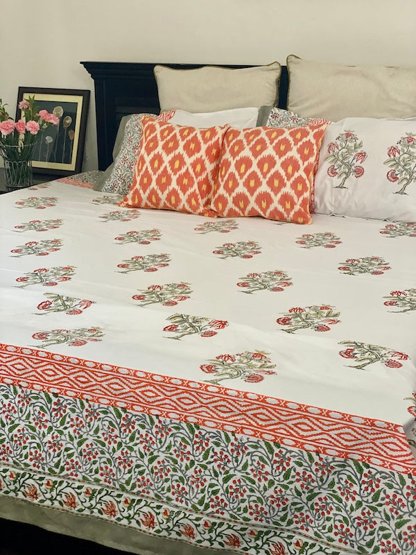 Salmon Floral Cotton Bedsheet With Pillow Cases