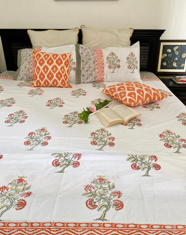 Salmon Floral Cotton Bedsheet With Pillow Cases