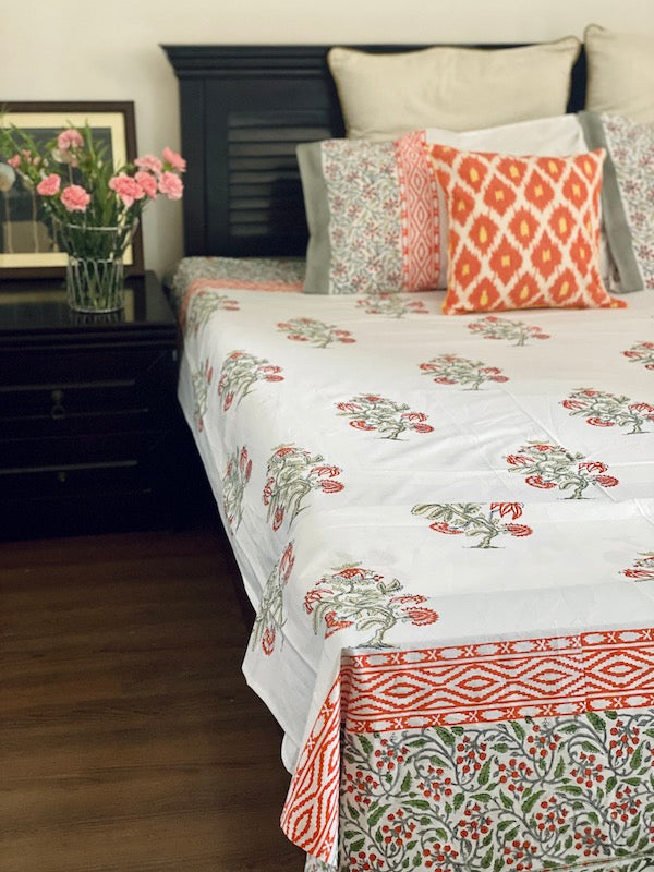Salmon Floral Cotton Bedsheet With Pillow Cases