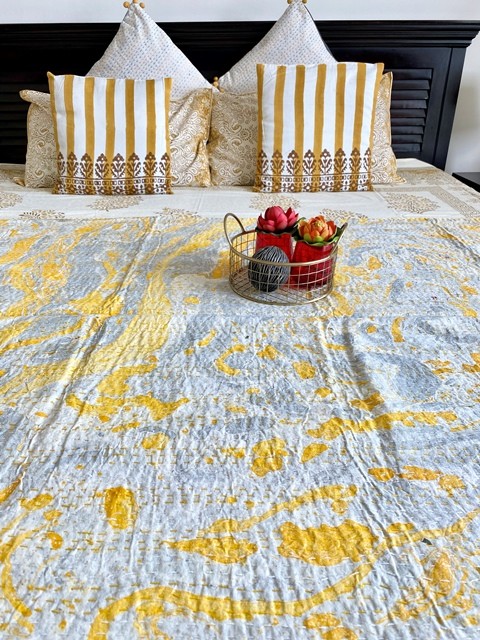 Monochromatic Sunrise Yellow Cotton Kantha Stitch Bedspread