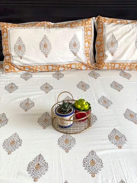 Aristocratic Floral Mustard Cotton Bedsheet with Pillowcases