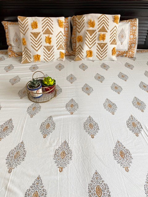 Aristocratic Floral Mustard Cotton Bedsheet with Pillowcases
