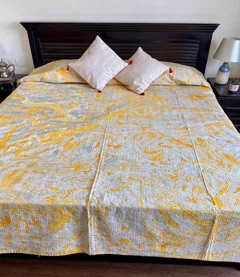 Monochromatic Sunrise Yellow Cotton Kantha Stitch Bedspread