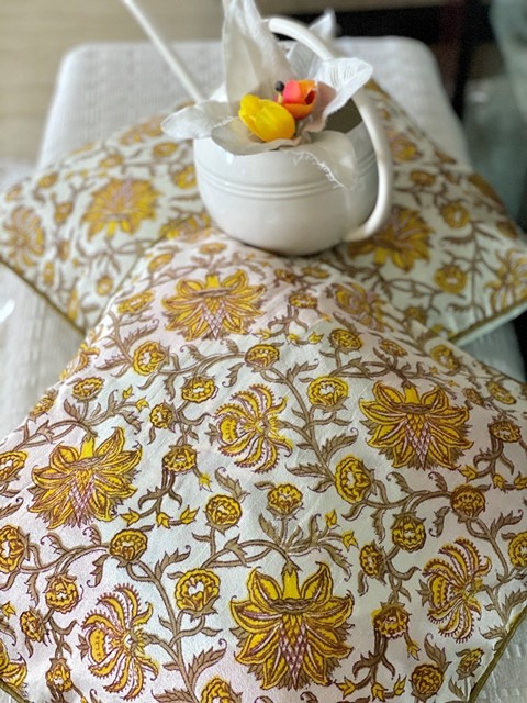 Floral Silhoutte Yellow Chanderi Hand Block Print Cushion cover
