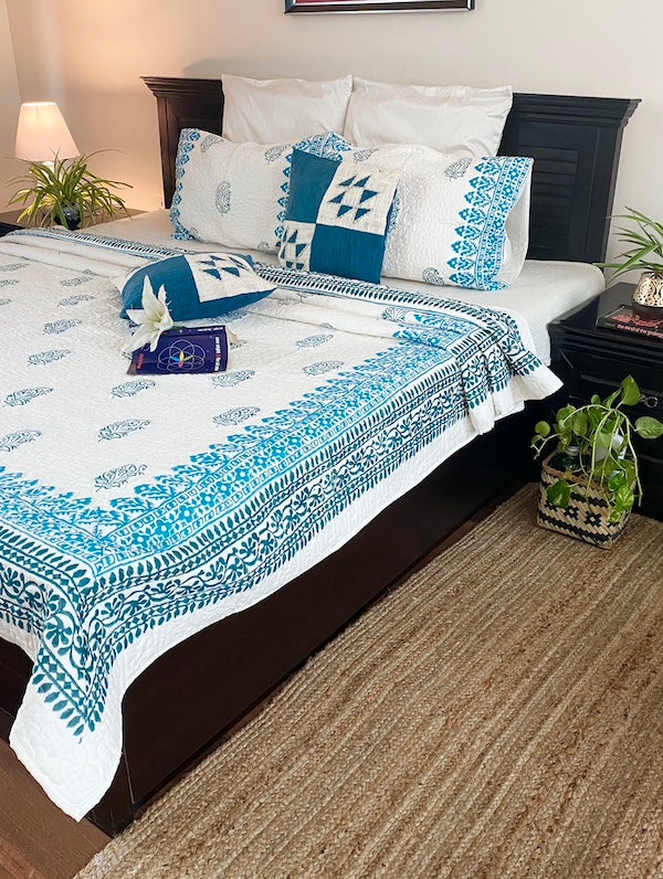 Ink Blue Paisley Cotton Quilted Bedcover With Pillowcases