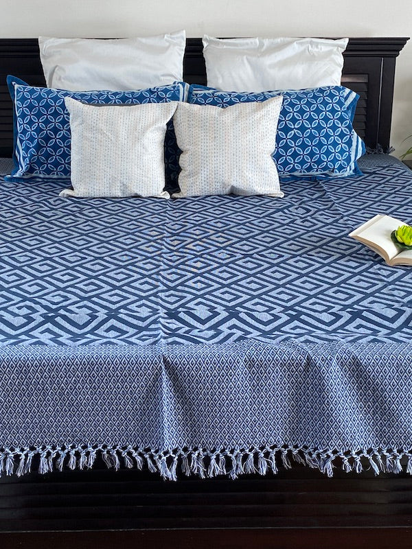 Blue Beauty Cotton Hand Woven Bedspread