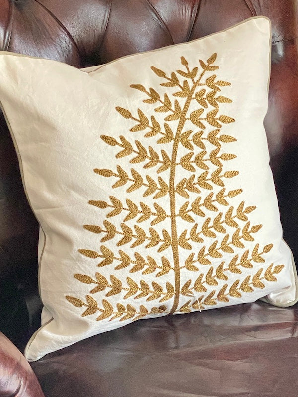 Story Of A Leaf Olive Green Embroidered Cushion Cover