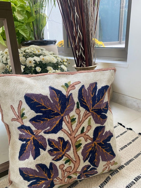 Autumn Caress Leaves Crewel Embroidery Cushion Cover