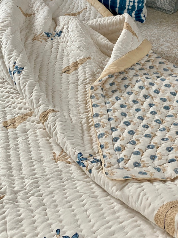 Ashmolean Beige Cotton Filled Reversible Quilt