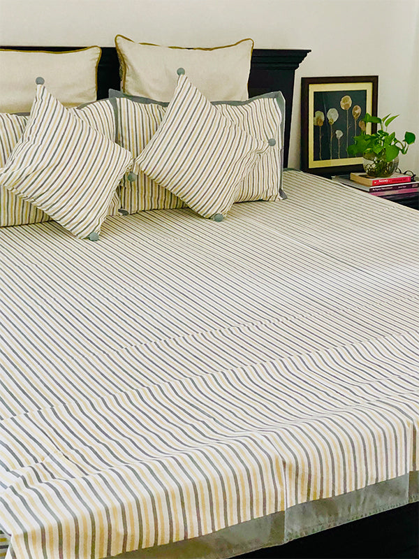 Pinstripe Cotton Bedsheet With Pillow Cases And Cushion Covers