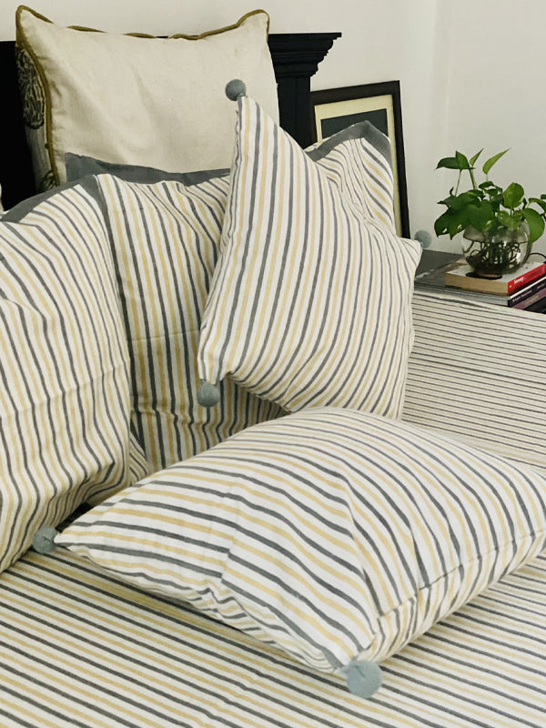Pinstripe Cotton Bedsheet With Pillow Cases And Cushion Covers
